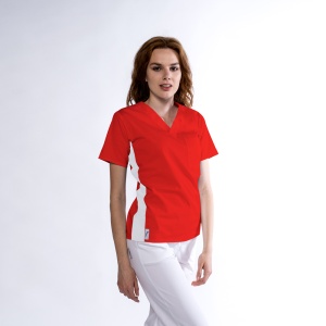 Bluza medicala KULT stretch (cu elastan) Rosu cu contrast Alb lateral