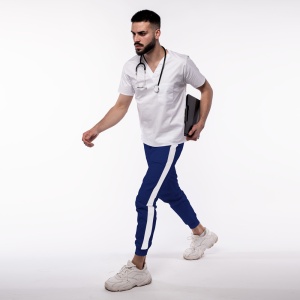 Pantalon medical ART stretch (cu elastan) cu contrast, buzunare si manseta pentru barbati-safir/alb