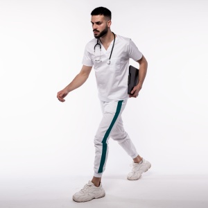 Pantalon medical ART stretch (cu elastan) cu contrast, buzunare si manseta pentru barbati-alb/verde marin