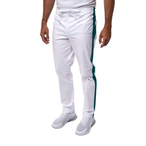 Pantaloni medicali ART stretch (cu elastan) cu contrast pentru barbati ALB-VERDE MARIN