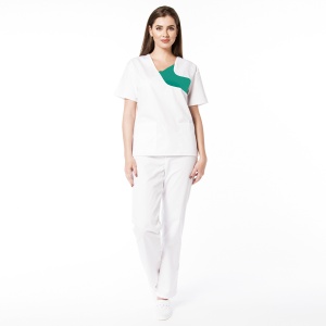 Uniformă Medicală Chic din Poplin cu pantalon clasic-Alb cu verde menta