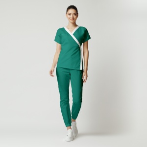 Uniformă medicală din poplin Jachetă Tara cu inserție albă și pantaloni jogger pentru femei-Verde menta