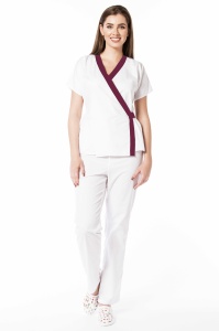 Uniformă medicală din poplin Jachetă Tara cu inserție Vișinie și pantaloni clasici pentru femei