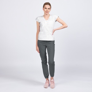 Uniformă medicală DOLL pentru femei – Bluza albă și pantalon jogger gri, material poplin