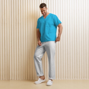 Uniformă medicală KULT bărbați– Bluza turqoise & pantalon alb din material poplin