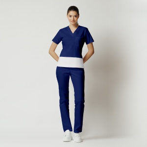 Uniformă Medicală Kult Stretch cu Inserție Orizontală Albă și Pantalon Clasic-Albastru safir