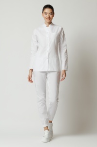 Uniformă medicală Mia cu jachetă mânecă lungă și pantaloni jogger-Alb