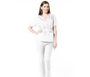 Uniforma medicala stretch DOLL (cu elastan) Alb - bluza cambrata cu snur si pantalon jogger pentru femei - Img 1