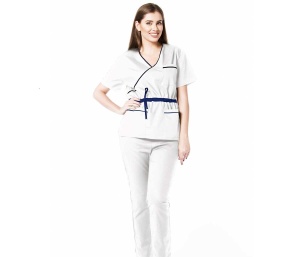Uniforma medicala stretch DOLL (cu elastan) Alb cu contrast Albastru Safir, bluza cambrata cu snur si pantalon jogger pentru femei - Img 1