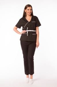 Uniforma medicala stretch DOLL (cu elastan) Negru - cu contrast, bluza cambrata cu snur si pantalon pentru femei
