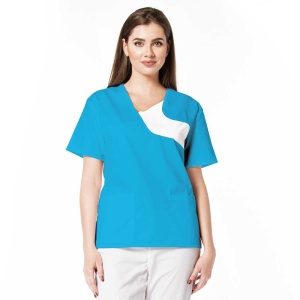 Bluza medicala CHIC din poplin pentru femei- turqoise cu alb - Img 1