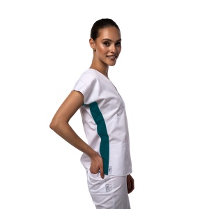 Bluza medicala DOLL cambrata stretch (cu elastan) Alb cu contrast Verde Marin pentru femei - Img 1