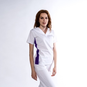 Bluza medicala KULT stretch (cu elastan) Alb cu contrast Liliac lateral