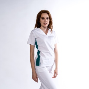 Bluza medicala KULT stretch (cu elastan) Alb cu contrast Verde marin lateral