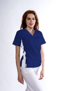 Bluza medicala KULT stretch (cu elastan) Albastru safir cu contrast Alb lateral