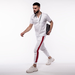 Pantalon medical ART stretch (cu elastan) cu contrast, buzunare si manseta pentru barbati-alb/visiniu