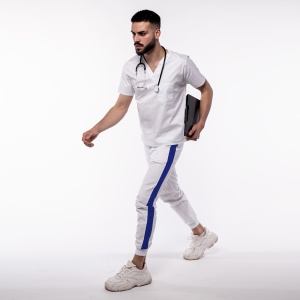 Pantalon medical ART stretch (cu elastan) cu contrast, buzunare si manseta pentru barbati-alb/safir