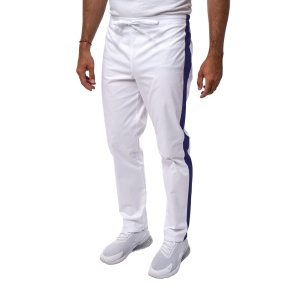 Pantaloni medicali ART stretch (cu elastan) cu contrast pentru barbati ALB-BLEUMARIN