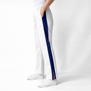 Pantaloni medicali Art stretch evazați cu contrast pentru femei-alb cu albastru safir
