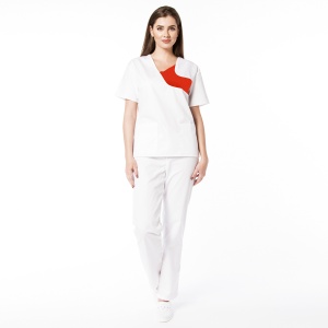 Uniformă Medicală Chic din Poplin cu pantalon clasic-Alb cu rosu