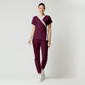 Uniformă medicală din poplin Jachetă Tara cu inserție albă și pantaloni jogger pentru femei-Visiniu