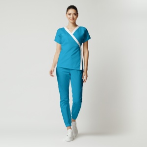 Uniformă medicală din poplin Jachetă Tara cu inserție albă și pantaloni jogger pentru femei-Turqoise