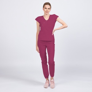 Uniforma medicala DOLL stretch (cu elastan) cu bluza cambrata si pantalon jogger pentru femei-Fructe de padure - Img 1
