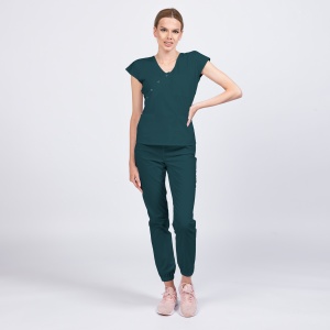 Uniforma medicala DOLL stretch (cu elastan) cu bluza cambrata si pantalon jogger pentru femei-Verde marin - Img 1