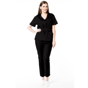Uniforma medicala stretch (cu elastan) Negru- bluza cambrata cu snur si pantalon pentru femei Doll - Img 1