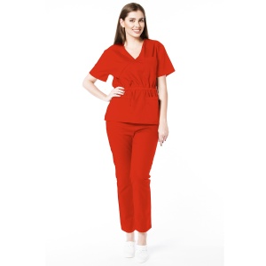 Uniforma medicala stretch (cu elastan) Rosu-bluza cambrata cu snur si pantalon pentru femei Doll - Img 1
