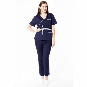 Uniforma medicala stretch DOLL (cu elastan) Bleumarin - cu contrast, bluza cambrata cu snur si pantalon pentru femei - Img 1