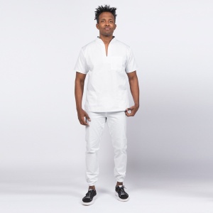 Uniforma medicala stretch STIL (cu elastan) cu pantaloni jogger pentru barbati -Alb