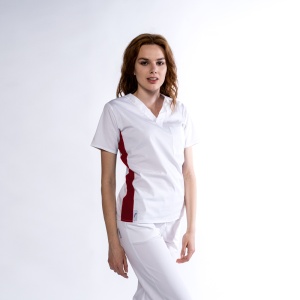 Bluza medicala KULT stretch (cu elastan) Alb cu contrast Visiniu lateral