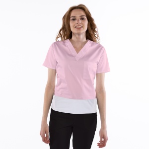 Bluza medicala stretch KULT (cu elastan) Roz pal cu contrast Alb pentru femei