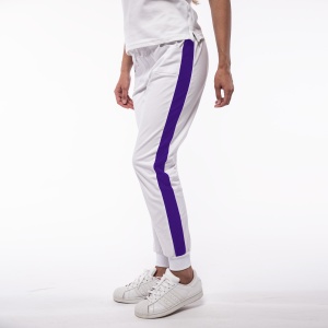 Pantalon medical ART stretch (cu elastan) Alb contrast Liliac cu buzunare si mansete pentru femei