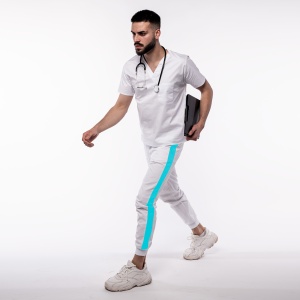 Pantalon medical ART stretch (cu elastan) cu contrast, buzunare si manseta pentru barbati-alb/ocean