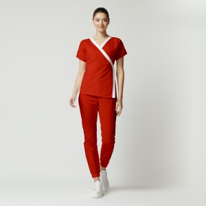 Uniformă medicală din poplin Jachetă Tara cu inserție albă și pantaloni jogger pentru femei-Rosu