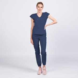 Uniforma medicala DOLL cu bluza cambrata si pantalon jogger-Albastru nocturn - Img 1