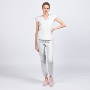 Uniforma medicala DOLL cu bluza cambrata si pantalon jogger-Alb - Img 1