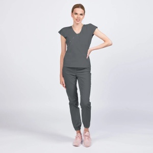 Uniforma medicala DOLL stretch (cu elastan) cu bluza cambrata si pantalon jogger pentru femei-Gri - Img 1