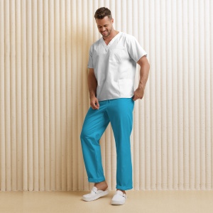 Uniformă medicală KULT bărbați– Bluza alba & pantaloni turqoise din material stretch