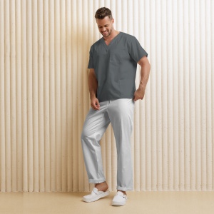 Uniformă medicală KULT bărbați– Bluza gri & pantalon alb din material poplin