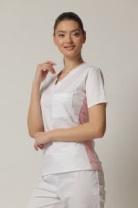 Uniformă Medicală Kult Stretch cu Inserție Verticală și Pantalon Jogger – Alb/Roz pal - Img 4