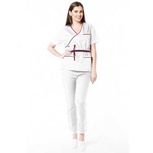Uniforma medicala stretch DOLL (cu elastan) Alb cu contrast Visiniu, bluza cambrata cu snur si pantalon pentru femei - Img 1