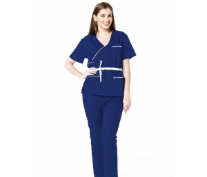Uniforma medicala stretch DOLL (cu elastan) Albastru Safir cu contrast Alb, bluza cambrata cu snur si pantalon jogger pentru femei - Img 1