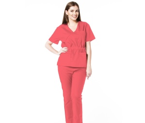Uniforma medicala stretch DOLL (cu elastan) Coral - bluza cambrata cu snur si pantalon jogger pentru femei - Img 1
