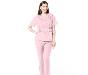 Uniforma medicala stretch DOLL (cu elastan) Roz Pal - bluza cambrata cu snur si pantalon jogger pentru femei - Img 1