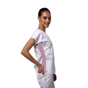 Bluza medicala DOLL cambrata stretch (cu elastan) Alb cu contrast Roz antic pentru femei