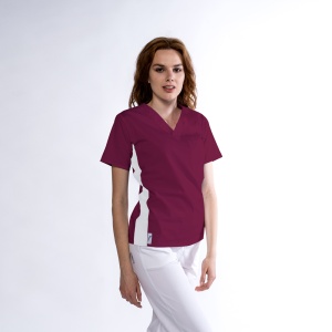 Bluza medicala KULT stretch (cu elastan) Visiniu cu contrast Alb lateral