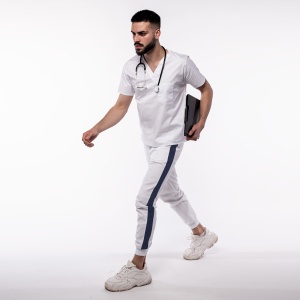 Pantalon medical ART stretch (cu elastan) cu contrast, buzunare si manseta pentru barbati-alb/albastru nocturn